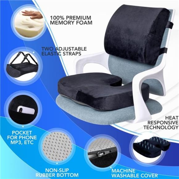 Orthopedic Seat Cushion and Lumbar Support Pillow Chair Memory Foam Car Seat - Picture 3 of 5